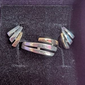 925 Sterling Silver and 585 (14k) Gold Ring (Size 6) and Earrings Set